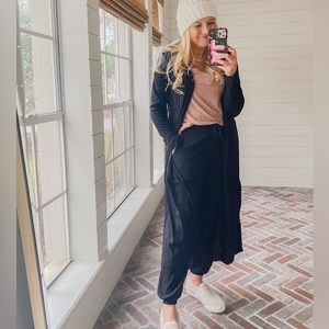 Black, duster sweater and pants